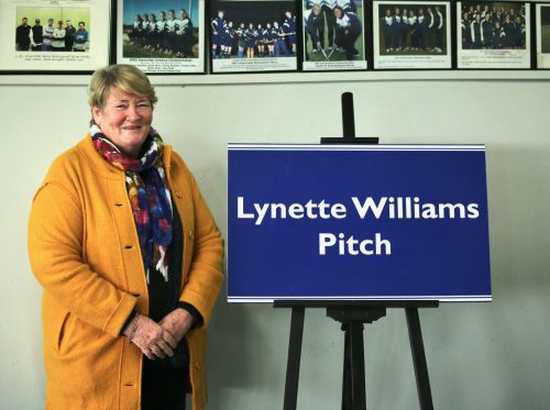 The guest of honour with the pitch sign