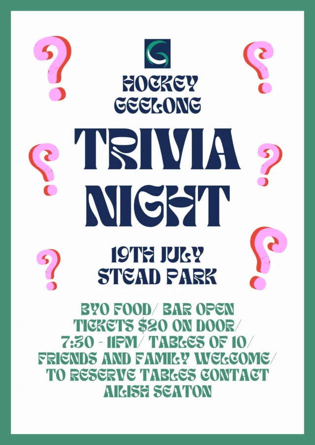 Don't forget to secure your table for the Hockey Geelong Sharks Trivia night! 

Kick off is at 7:30pm at Stead Park - BYO Nibbles and enjoy drinks at bar prices!
Tickets are $20 per person on the door.

To reserve a table for a group please contact Ailish Seaton or comment below!